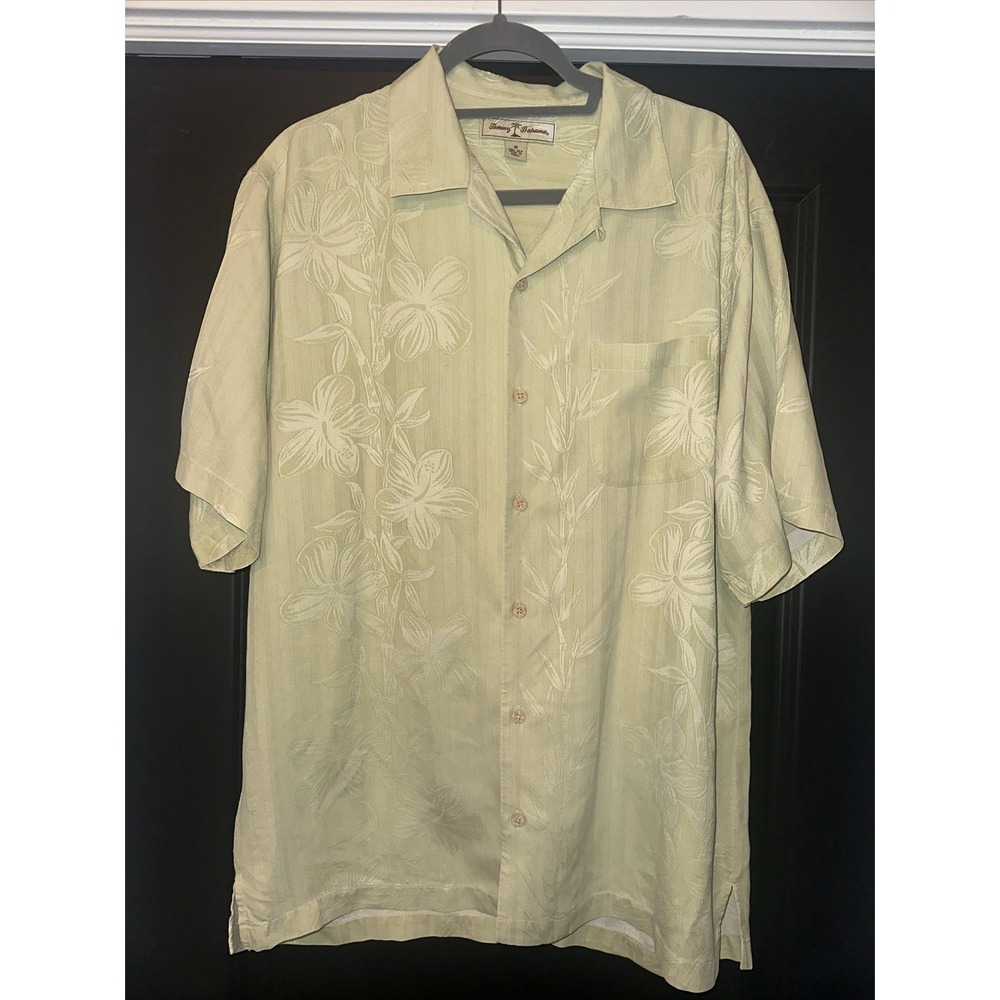 Tommy Bahama Tonal Bamboo‎ Print Short Sleeve Silk Camp Shirt in Green Size M